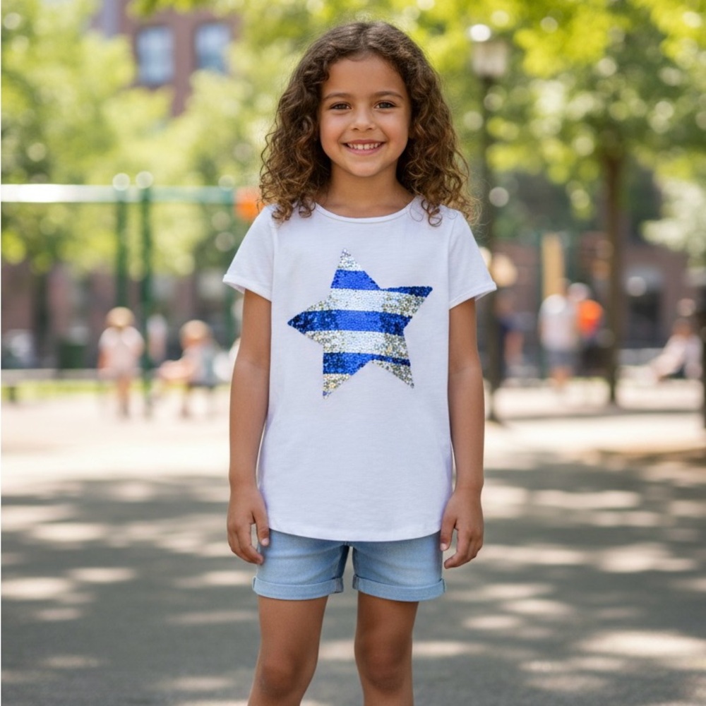 H&M Girls' White Cotton Tee with Interactive Sequin Star